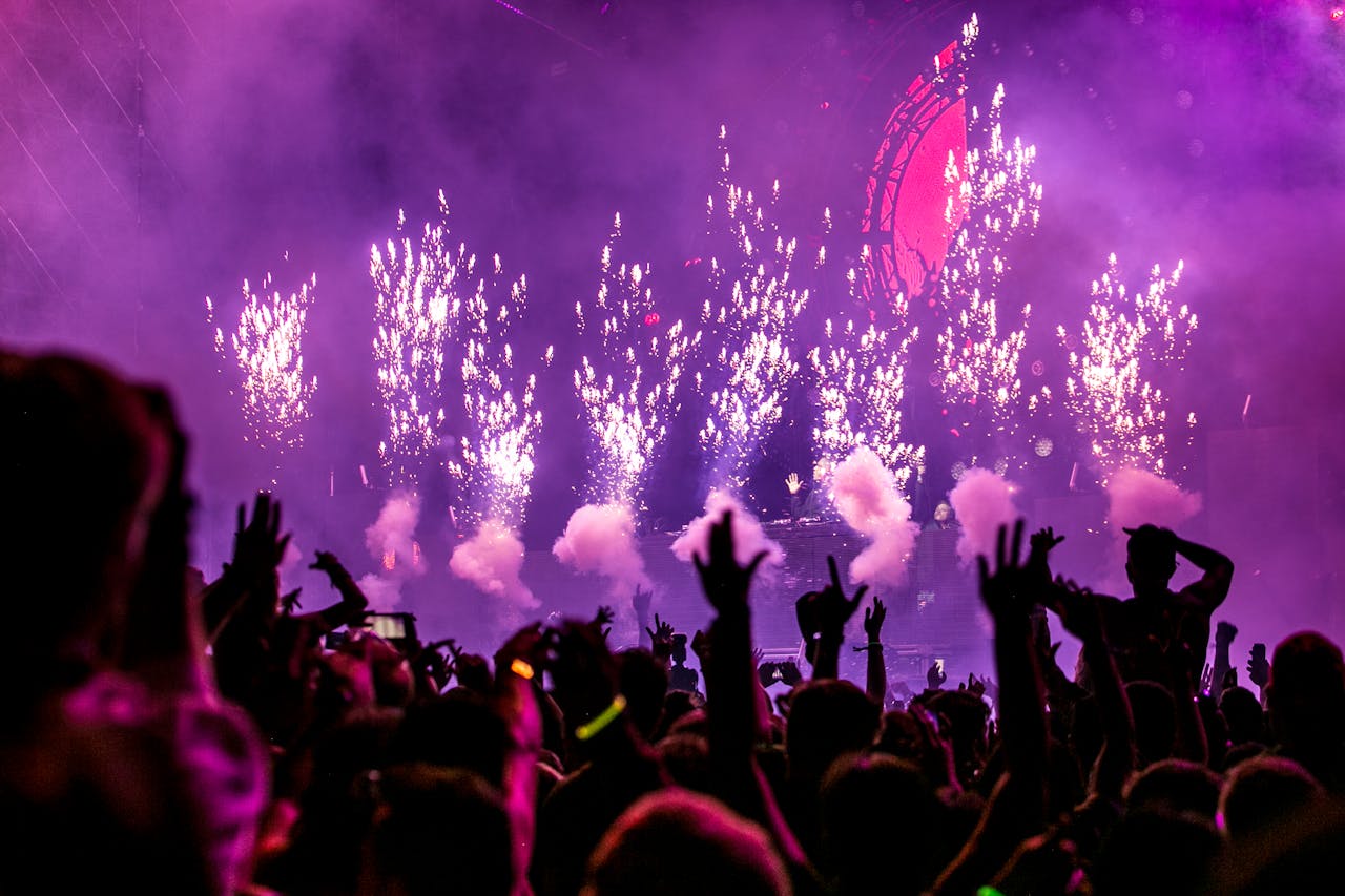 About Vibrant EDM concert scene with fireworks, smoke, and enthusiastic crowd enjoying the music.
